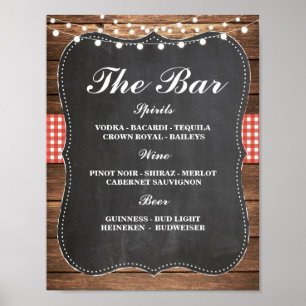 Bar Sign Wedding Reception Rustic Chalk Red Check