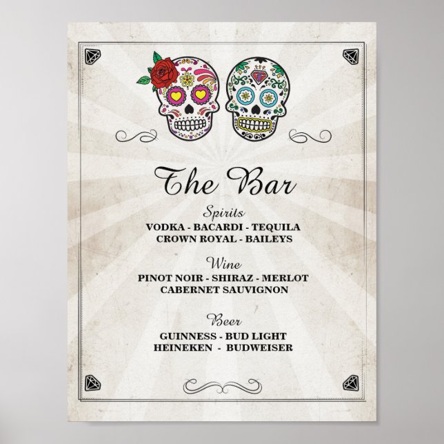 Bar Sugar Skulls Rose Sign Wedding Party Halloween (Front)