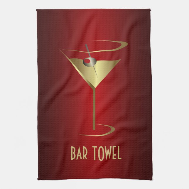 Bar Towel Red and Gold Martini Glass (Vertical)