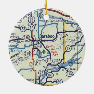 Baraboo WI Vintage Map Ceramic Tree Decoration