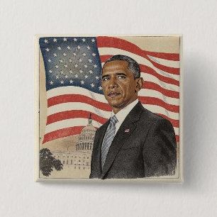 Barack Obama in front of American Flag and Capitol 15 Cm Square Badge