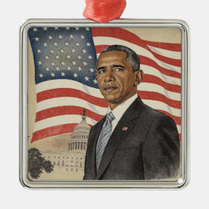 Barack Obama in front of American Flag and Capitol Metal Tree Decoration