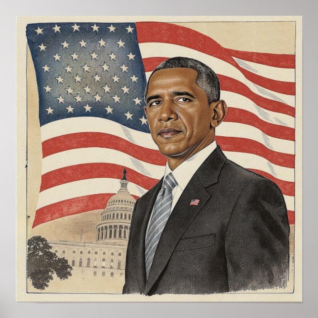 Barack Obama in front of American Flag and Capitol Poster (Front)
