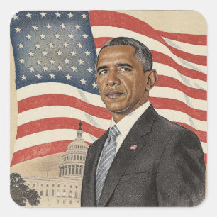Barack Obama in front of American Flag and Capitol Square Sticker