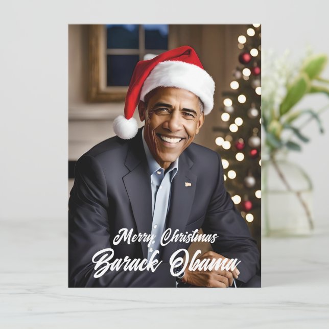  Barack Obama in Santa Hat Christmas Holiday Card (Standing Front)