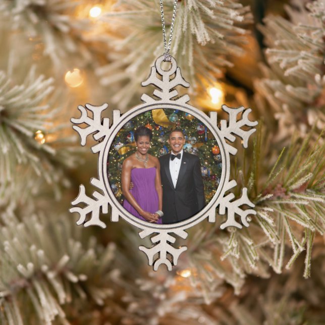 Barack Obama US President White House Christmas Snowflake Pewter Christmas Ornament (Tree)