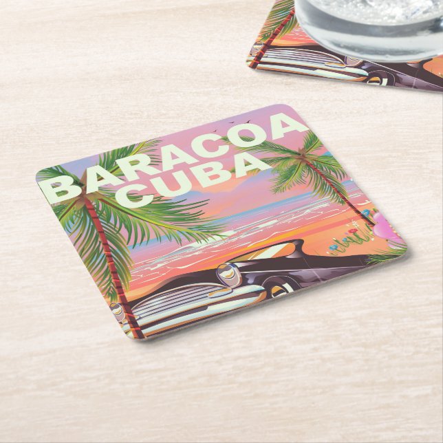 Baracoa Cuba auto travel poster Square Paper Coaster (Angled)