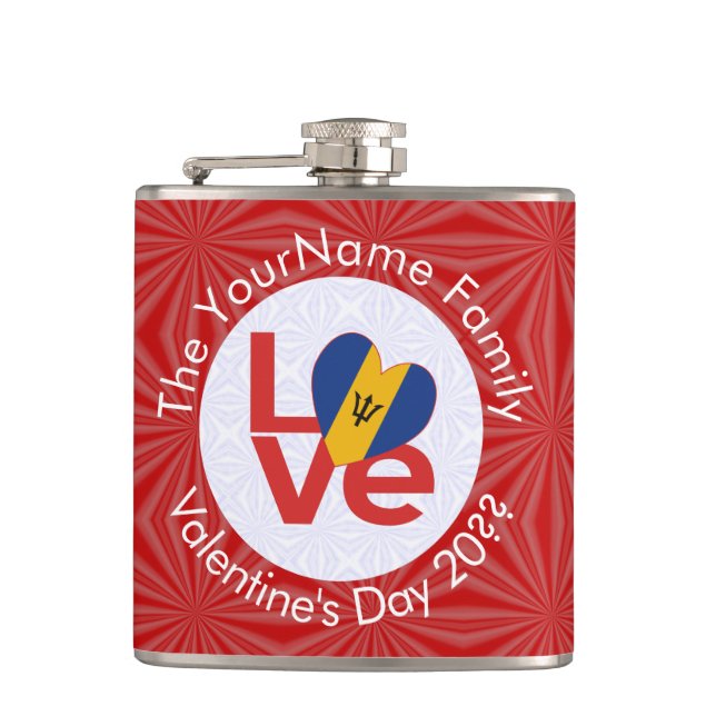 Barbadian LOVE Heart Flag Valentine Personalised  Hip Flask (Front)