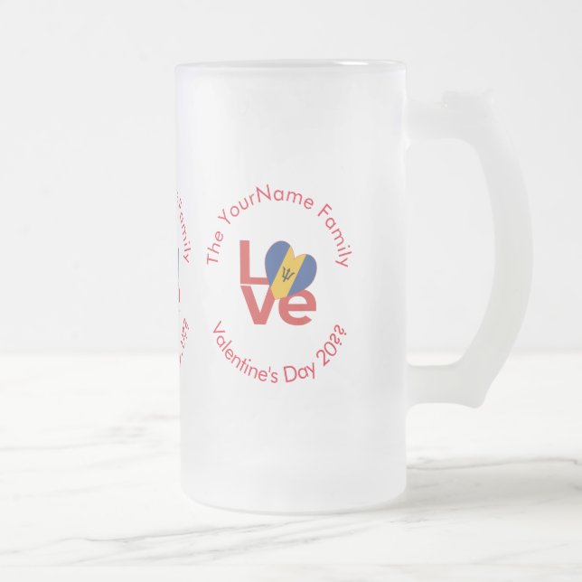 Barbadian Red LOVE Flag Personalised  Frosted Glass Beer Mug (Right)