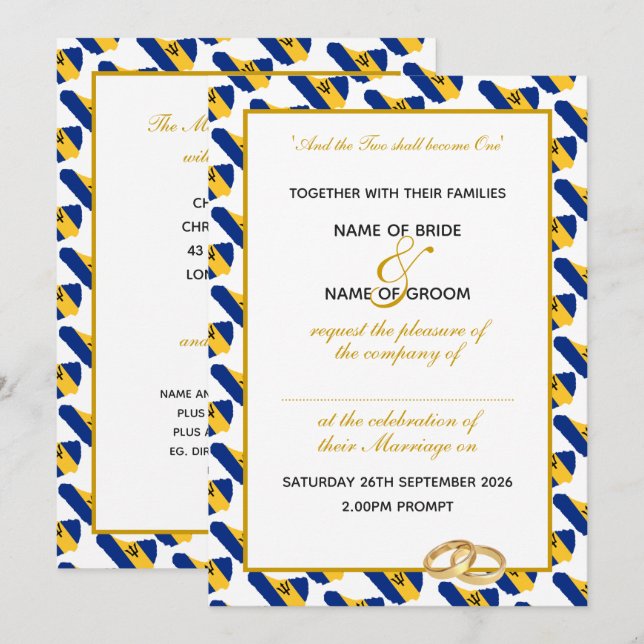 BARBADOS Christian Gold Script Celebration Wedding Invitation (Front/Back)