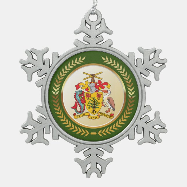 Barbados Coat of Arms Snowflake Pewter Christmas Ornament (Front)