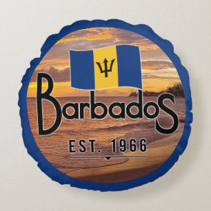 "Barbados Est. 1966" Sunset With Barbados Flag Round Cushion