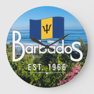 "Barbados Est. 1966" With Barbados Flag Art Large Clock