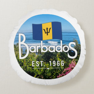 "Barbados Est. 1966" With Barbados Flag Art Round Cushion