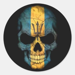 Barbados Flag Skull on Black Classic Round Sticker