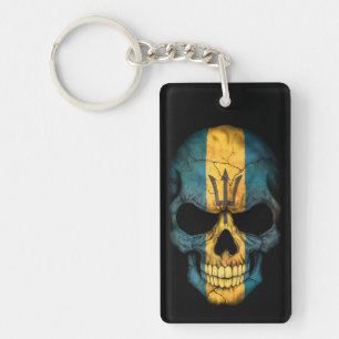 Barbados Flag Skull on Black Key Ring