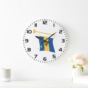 Barbados Flag with Bugle Patriotic Caribbean  Large Clock