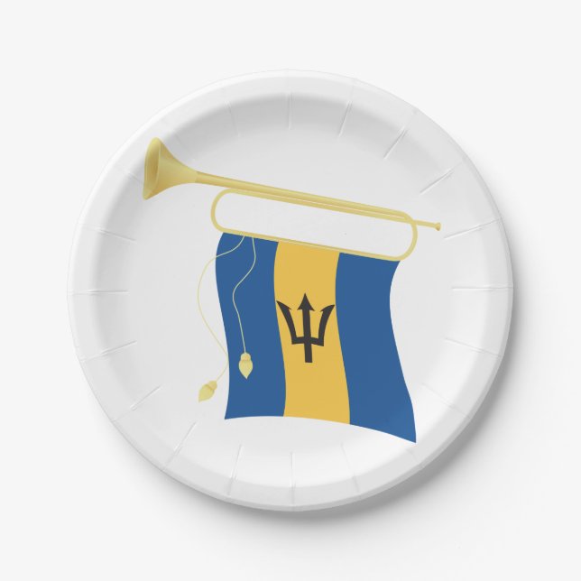 Barbados Flag with Bugle Patriotic Caribbean  Paper Plate (Front)