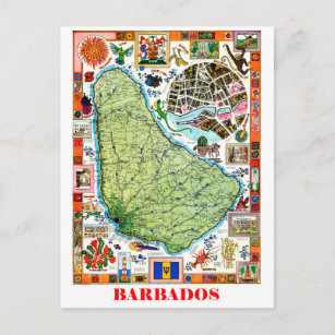 Barbados, isle map, tourist attractions, vintage postcard