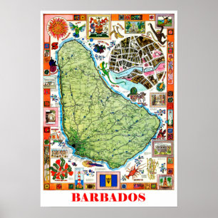 Barbados, isle map, tourist attractions, vintage poster