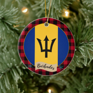 Barbados, Red buffalo plaid & Barbados Flag Ceramic Tree Decoration