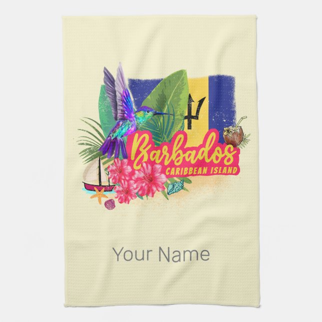 Barbados Retro Caribbean Vintage Island Souvenir Tea Towel (Vertical)