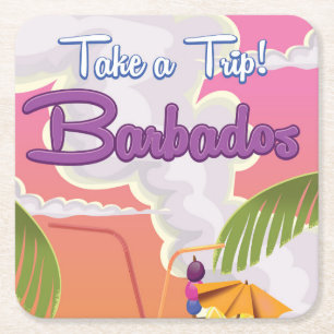 Barbados Vacation Cartoon travel poster Square Paper Coaster