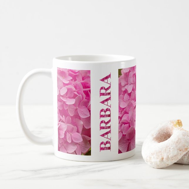 "Barbara" Elegant Pink Hydrangea Floral Lettering Coffee Mug (With Donut)