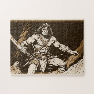 Barbarian w Broadsword Sepia Gold Pop Art Style Jigsaw Puzzle