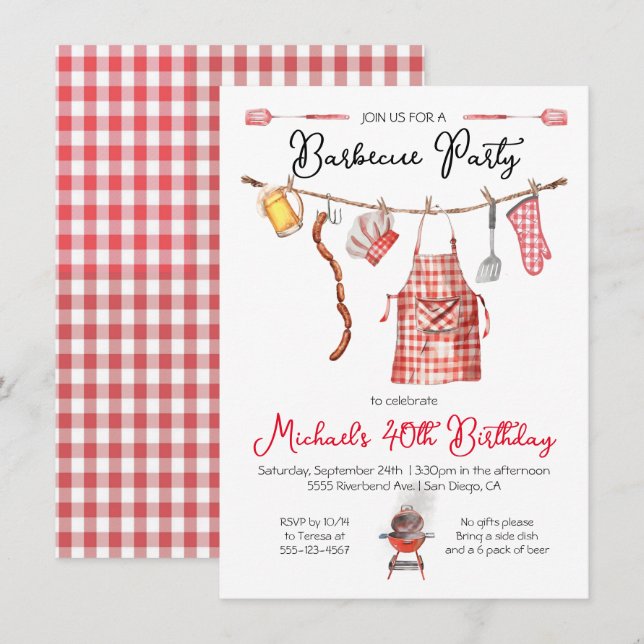 Barbecue BBQ Birthday red Gingham Invitation (Front/Back)