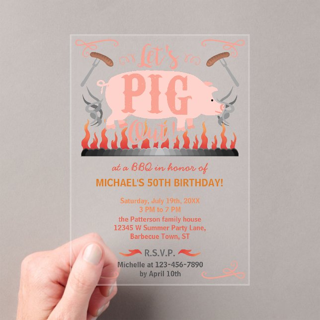 Barbecue BBQ Funny Pig Summer Birthday Party Acrylic Invitations (Insitu (Handheld))