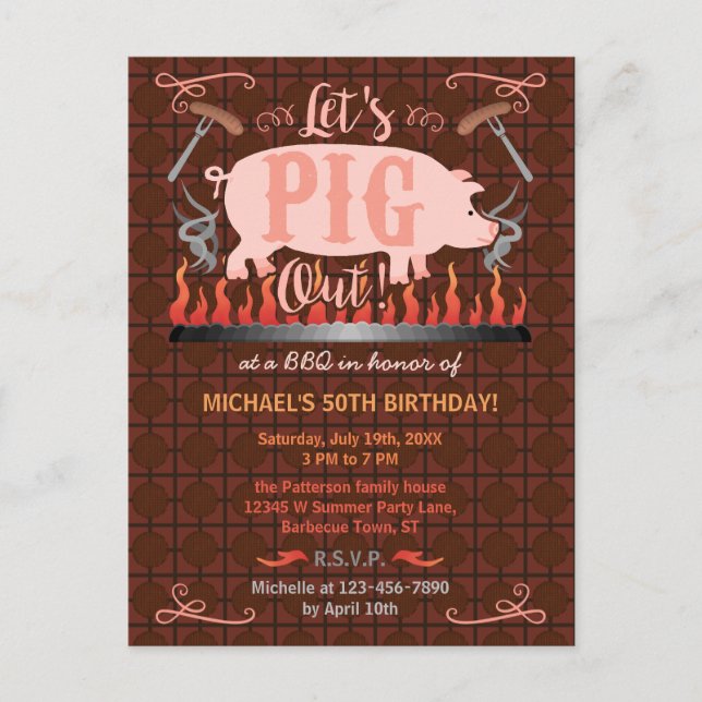 Barbecue BBQ Funny Pig Summer Birthday Party Invitation Postcard (Front)