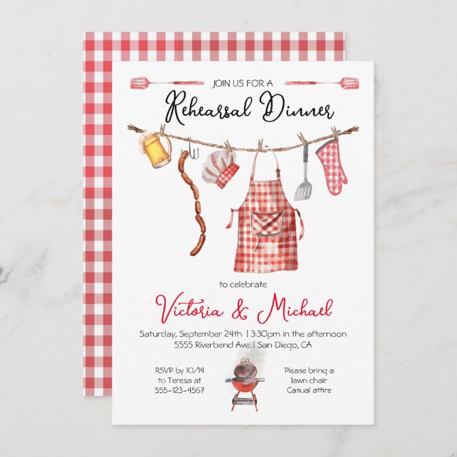 Barbecue BBQ Rehearsal Dinner red Gingham Invitation (Front/Back)