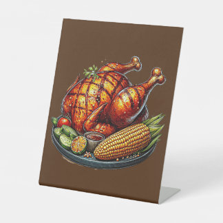 Barbecue chicken with corn illustration  pedestal sign