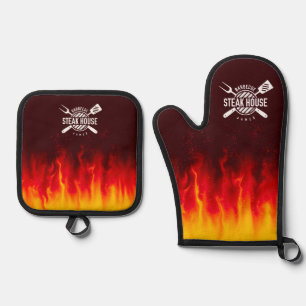 Barbecue Grill Flames — Personalized Steak House Oven Mitt & Pot Holder Set
