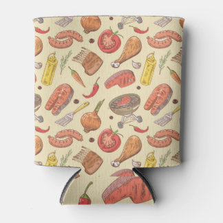 Barbecue, grill, hand-drawn seamless background. can cooler
