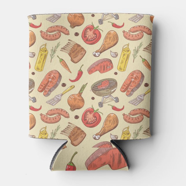 Barbecue, grill, hand-drawn seamless background. can cooler (Front)