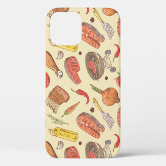 Barbecue, grill, hand-drawn seamless background. iPhone 12 case
