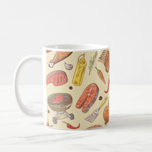 Barbecue, grill, hand-drawn seamless background. coffee mug (Left)