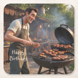 Barbecue Man Birthday Square Paper Coaster
