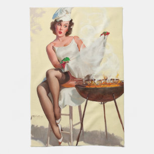 Barbecue Pin-Up Girl Tea Towel