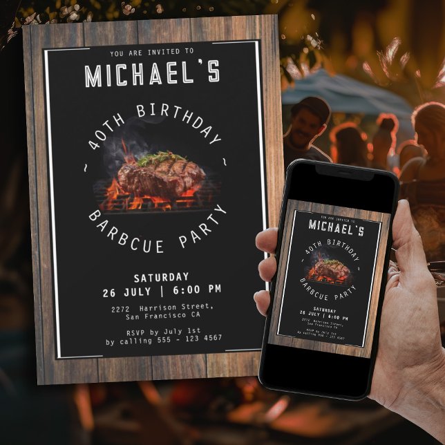 Barbecue Rustic 40th Birthday Party Invitation (Rustic 40th Birthday Barbecue Party Modern Invitation)