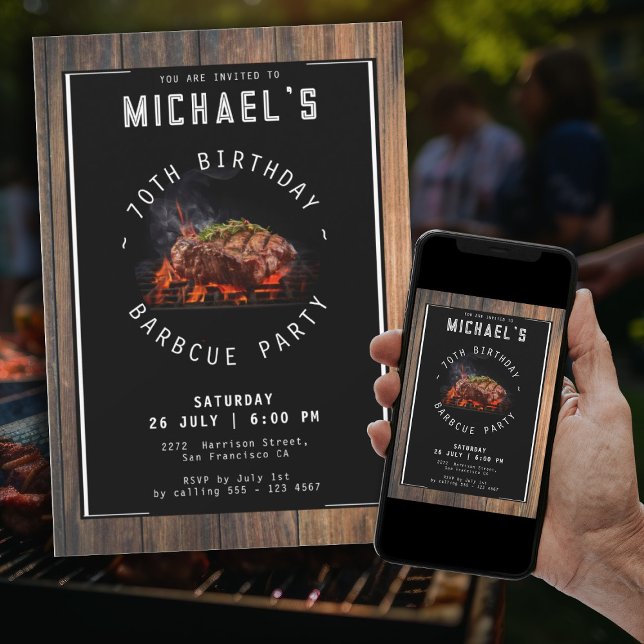 Barbecue Rustic 70th Birthday Party Invitation (70th Birthday Barbecue Party Modern Rustic Invitation)