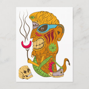 Barbecue Tiki Monster with Sausage and Human Skull Postcard