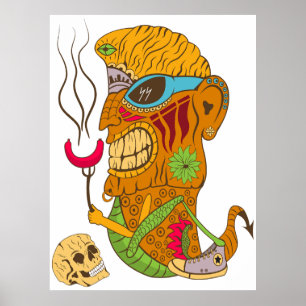 Barbecue Tiki Monster with Sausage and Human Skull Poster