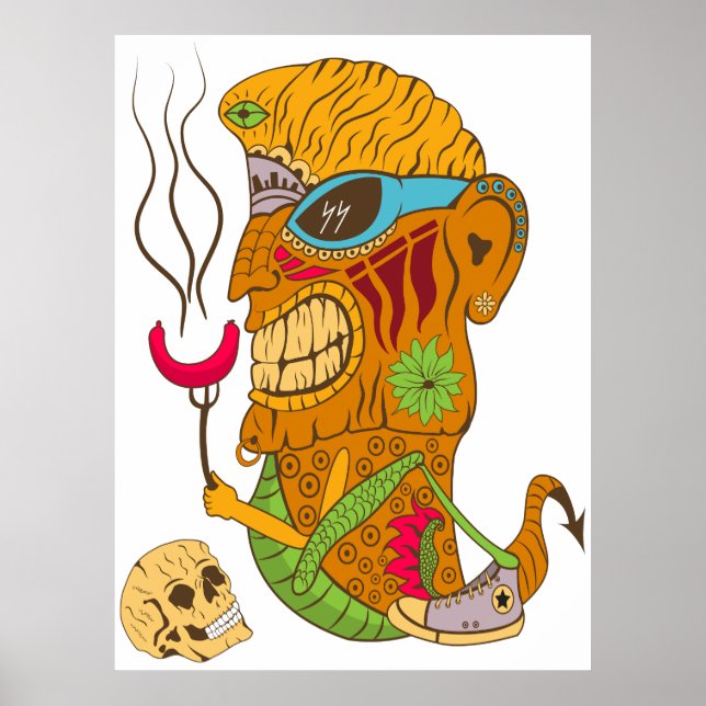 Barbecue Tiki Monster with Sausage and Human Skull Poster (Front)