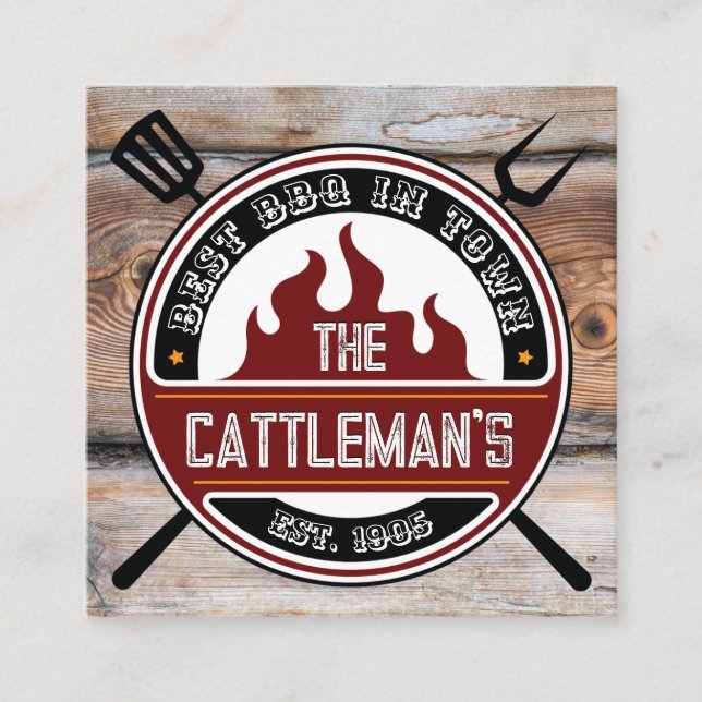 Barbecue Tools | Rustic Wood Square Business Card (Front)
