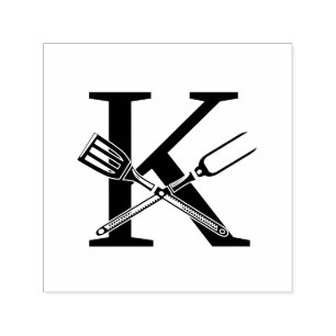 Barbecue Utensils Over Single Bold Initial Monogrm Self-inking Stamp