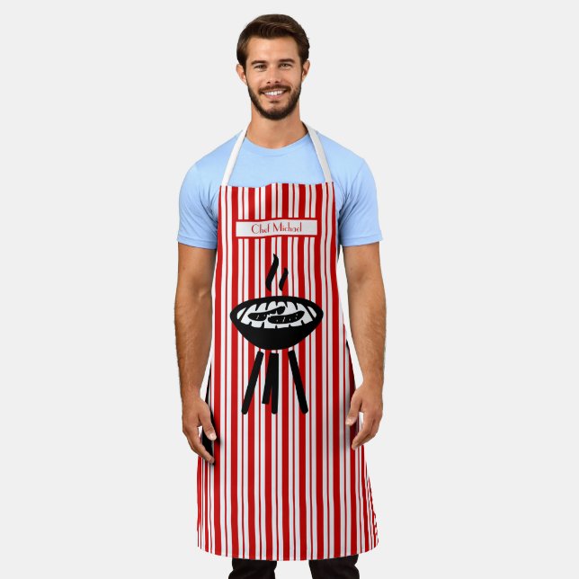 Barbecue Vertical Stripe #2 DIY Colours Red White Apron (Worn)