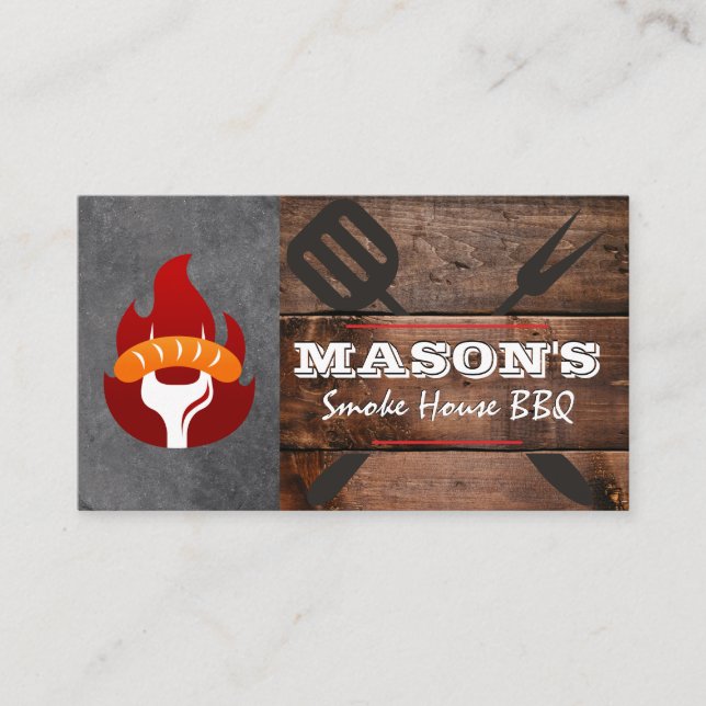 Barbecue Wood | Cooking Tools Sausage Fire Logo Business Card (Front)